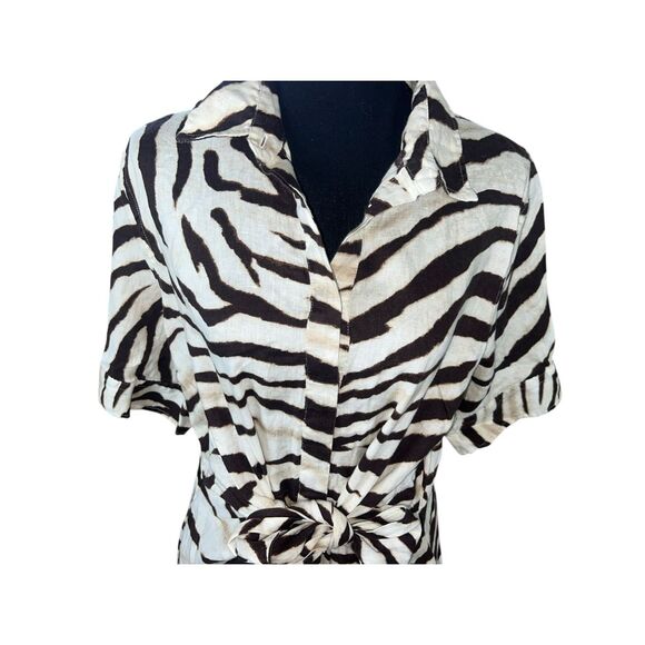 Ralph Lauren Shirt Dress 14 100% Linen Zebra Safari Print Waist Tie 3/4 Sleeve - Picture 3 of 11
